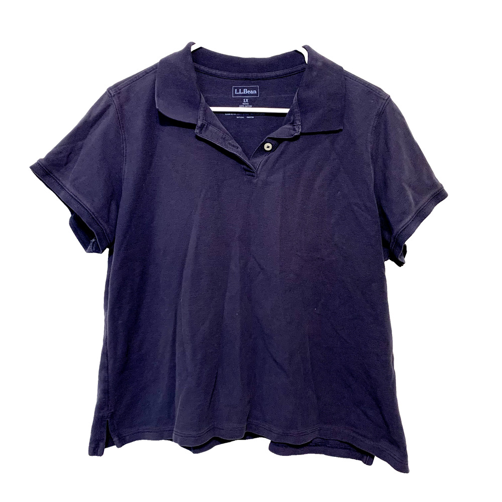 L.L BEAN Polo Women 1X Cotton Button Blue Short Sleeve Golf Tee